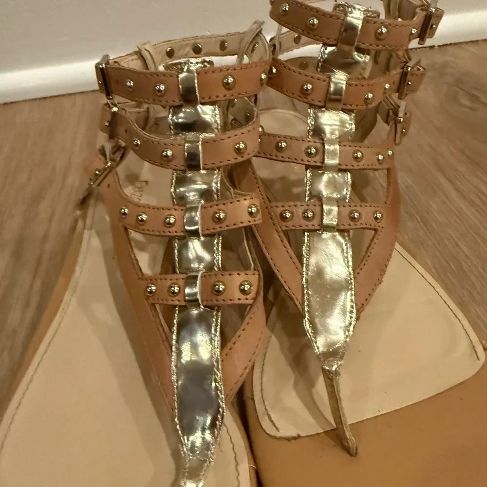 Enzo Angiolini Studded Gold and Tan Gladiator Sandals